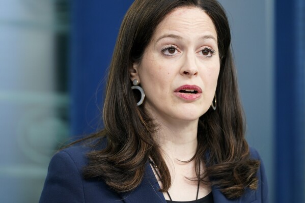 FILE - Anne Neuberger, Deputy National Security Advisor for Cyber and Emerging Technology, speaks during a news briefing at the White House, Monday, March 21, 2022, in Washington. Since a White House conference in August on ransomware threats, dozens of school districts have signed up for free cybersecurity services, and federal officials have hosted exercises with schools to help them learn how to better secure their networks, said Neuberger. (AP Photo/Patrick Semansky, File)