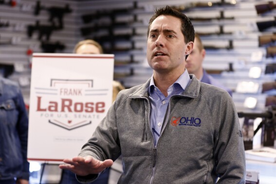 FILE - Ohio Secretary of State and Republican candidate for U.S. Senate Frank LaRose speaks to supporters during a campaign event in Hamilton, Ohio, Monday, March 18, 2024. President Joe Biden's re-election campaign is wrangling with the Republican-dominated states of Ohio and Alabama to assure he's listed on their November ballots, amid hints that a routine procedural negotiation is becoming politically charged. (AP Photo/Paul Vernon, File)