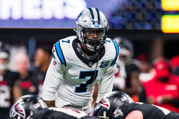 Carolina Panthers linebacker Jadeveon Clowney (7) lines up during the second half of an NFL football game against the Atlanta Falcons, Jan. 5, 2025, in Atlanta. (AP Photo/Danny Karnik, File)
