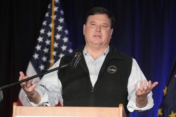 FILE - Indiana Attorney General Todd Rokita speaks, Nov. 8, 2022, in Schererville, Ind. On Monday, Sept. 18, 2023, a complaint was filed alleging that Rokita violated professional conduct rules in statements about Dr. Caitlin Bernard, a doctor who performed an abortion on a 10-year-old rape victim who traveled from Ohio to Indiana for the procedure. (AP Photo/Darron Cummings, File)