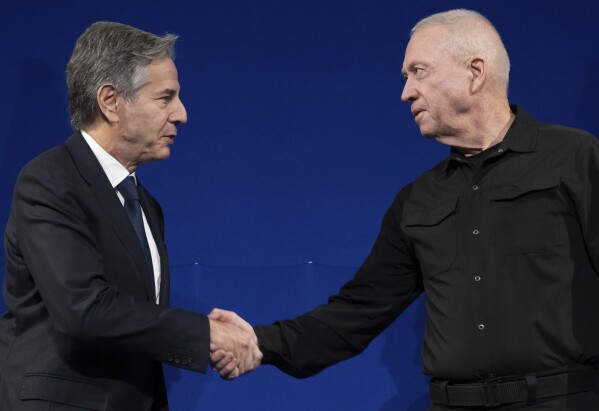 Israeli Defense Minister Yoav Galant, right, and US Secretary of State Anthony Blinken shake hands before a meeting in Tel Aviv, Israel, Thursday, November 30, 2023. Blinken told Israeli leaders on November 30 that a temporary truce in their war with Israel's Hamas was "Produce results" And it must continue.  (Image by Saul Loeb/Pool via AP)