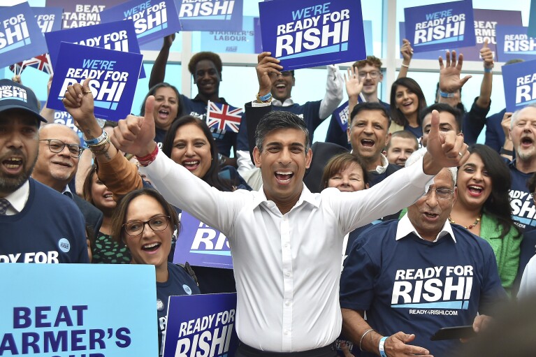 FILE - Rishi Sunak meets supporters as he arrives to attend a Conservative Party leadership election hustings at the NEC, Birmingham, England, Tuesday, Aug. 23, 2022. (AP Photo/Rui Vieira, File)