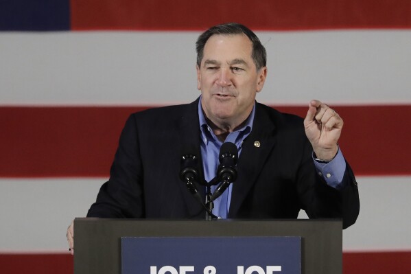 FILE- Democratic Sen. Joe Donnelly speaks during a rally, Friday, Oct. 12, 2018, in Hammond, Ind. The former U.S. Senator Donnelly is stepping down as U.S. ambassador to the Vatican and returning to Indianathe U.S. Embassy confirmed Thursday, May 30, 2024. (AP Photo/Darron Cummings, File)