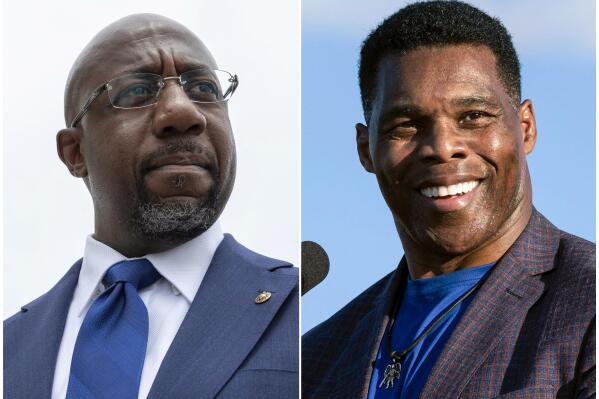 This combination of photos shows, Sen. Raphael Warnock, D-Ga., speaking to reporters on Capitol Hill in Washington, Aug. 3, 2021, left, and Republican Senate candidate Herschel Walker speaking in Perry, Ga., Sept. 25, 2021. Walker is in a runoff election with incumbent Warnock. (AP Photo)
