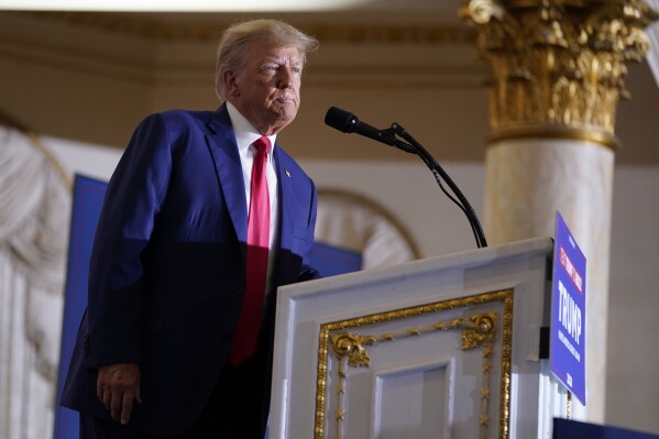 FILE - Former President Donald Trump speaks at his Mar-a-Lago estate Tuesday, April 4, 2023, in Palm Beach, Fla. A judge on Monday, Aug. 28, set a March 4, 2024, trial date for Trump in the federal case in Washington charging the former president with trying to overturn the results of the 2020 election, rejecting a defense request to push back the case by years. (AP Photo/Evan Vucci, File)