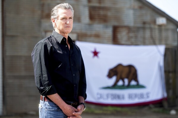 California Gov. Gavin Newsom stands in front of a state flag during a press conference about President Donald Trump's tariffs on Wednesday, April 16, 2025, at an almond farm in Ceres, Calif. (AP Photo/Noah Berger,FIle)