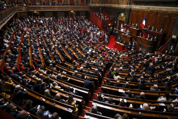 French Prime Minister Gabriel Attal speaks during the Congress of both Houses of Parliament at the Palace of Versailles, west of Paris, Monday, March 4, 2024. French lawmakers gather at the Palace of Versailles for a historic vote that will make abortion a constitutional right. (AP Photo/Thomas Padilla)