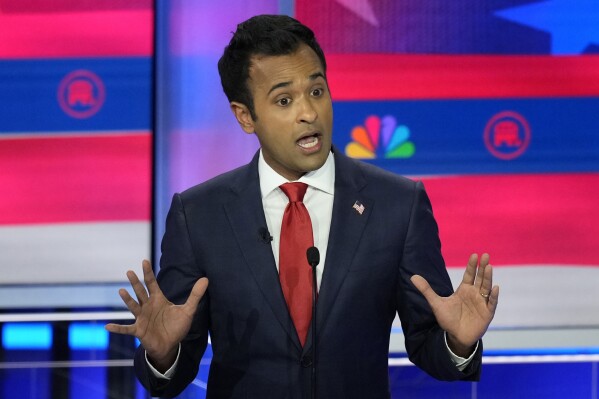 Republican presidential candidate businessman Vivek Ramaswamy speaks during a Republican presidential primary debate hosted by NBC News, Wednesday, Nov. 8, 2023, at the Adrienne Arsht Center for the Performing Arts of Miami-Dade County in Miami. (AP Photo/Rebecca Blackwell)