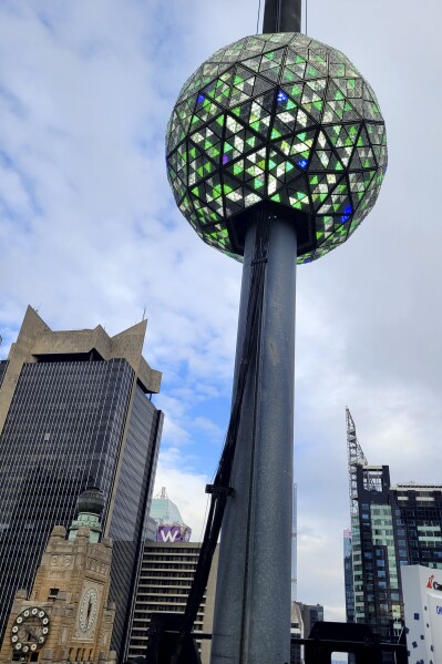 The New Year's Eve ball is shown in Times Square on Saturday, Dec. 30, 2023 in New York. With throngs of revelers set to usher in the new year under the bright lights of Times Square, officials and organizers say they are prepared to welcome the crowds and ensure their safety. (AP Photo/Julie Walker)