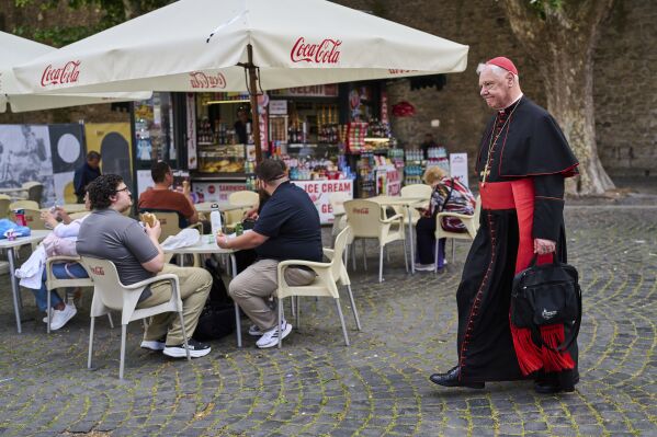 Cardinal Gerhard Ludwig Müller walks outside the Vatican, Tuesday, May 6, 2025. (AP Photo/Bernat Armangue)