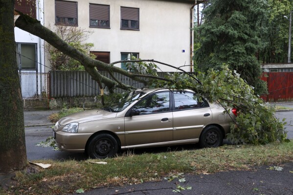 A fallen tree on a damaged parked car after a powerful storm, in Zagreb, Croatia, Wednesday, July 19, 2023. A powerful storm with strong winds and heavy rain hit Croatia and Slovenia on Wednesday, killing at least three people and injuring several others. (AP Photo)