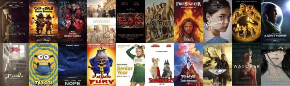 This combination of photos shows poster art for upcoming films, top row from left, "Benediction," "Chip ‘n Dale: Rescue Rangers," "Doctor Strange in the Multitude of Madness," "Downton Abbey: A New Era," "Elvis," "Fire Island," "Firestarter," "Happening," "Jurassic World Dominion," "Lightyear," bottom row from left, "Marcel the Shell with Shoes On," "Minions: The Rise of Gru," "Nope," "Paws of Fury," "Senior Year," "DC League of Super Pets," "Thor: Love and Thunder," "Top Gun Maverick," "Watcher," and Where the Crawdads Sing." (Roadside Attractions, top row from left, Disney+, Marvel Studios, Focus Features, Warner Bros., Hulu/Searchlight Pictures, Universal, IFC Films, Universal, Disney, top row from left, A24 Films, Universal, Universal, Paramount, Netflix, Warner Bros., Marvel Studios, Paramount, IFC Films and Sony Pictures via AP)