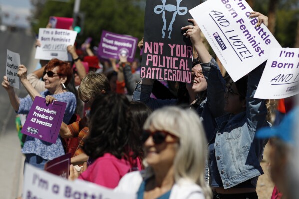 People rally in support of abortion rights, May 21, 2019, in Las Vegas. (AP Photo/John Locher, File)