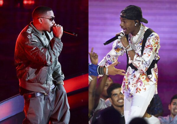 Hip Hop artist Nas performs before the NBA All-Star basketball game in New York on Feb. 15, 2015, left, and Lil Baby performs at the BET Awards in Los Angeles on June 23, 2019. Lil Baby has blazed the Billboard charts, but Grammy voters gave the young hip-hop star the cold shoulder in the best rap album category, instead, surprisingly nominating the genre’s more matured voices like Nas. (AP Photos by Frank Franklin II, left, and Chris Pizzello)
