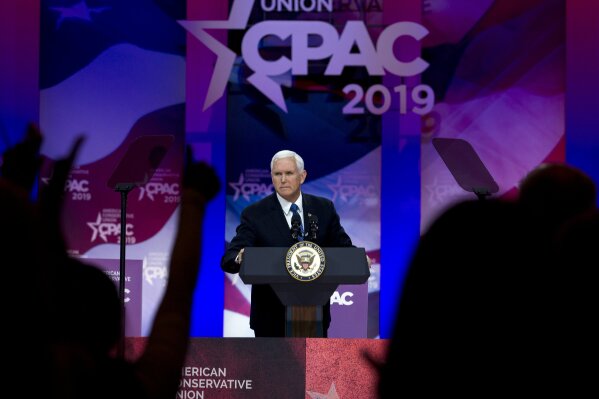 
              Vice President Mike Pence speaks at Conservative Political Action Conference, CPAC 2019, in Oxon Hill, Md., Friday, March 1, 2019. (AP Photo/Jose Luis Magana)
            