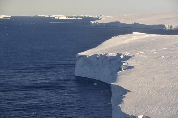 FILE - This 2020 photo provided by the British Antarctic Survey shows the Thwaites glacier in Antarctica. No matter how much the world cuts back on carbon emissions, a key and sizable chunk of Antarctica is essentially doomed to an 