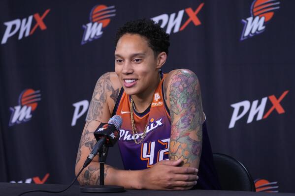 Phoenix Mercury center Brittney Griner speaks during the WNBA basketball teams' media day, Wednesday, May 3, 2023, in Phoenix. (AP Photo/Matt York)