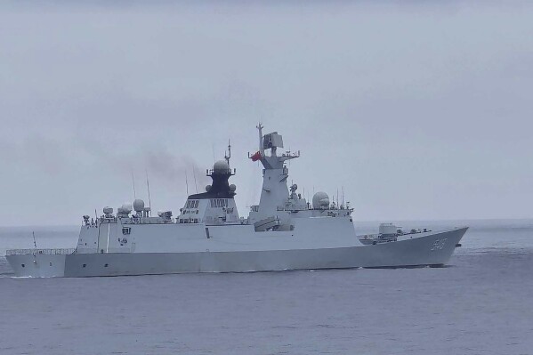 In this photo released by the Taiwan Coast Guard, a Chinese navy vessel identified as the Chinese Missile Frigate FFG 548 is seen near the Pengjia Islet north of Taiwan on Thursday, May 23, 2024. Taiwan scrambled jets and put missile, naval and land units on alert Thursday over Chinese military exercises being conducted around the self-governing island democracy where a new president took office this week. (Taiwan Coast Guard via AP)