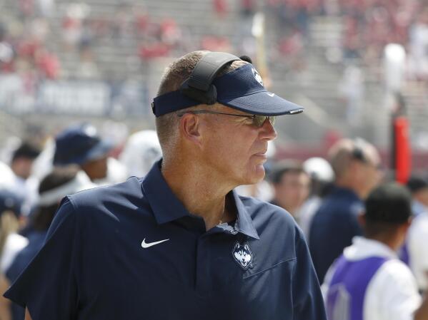 Connecticut coach Randy Edsall watches the team play Fresno State during the second half of an NCAA college football game in Fresno, Calif., Saturday, Aug. 28, 2021. (AP Photo/Gary Kazanjian)