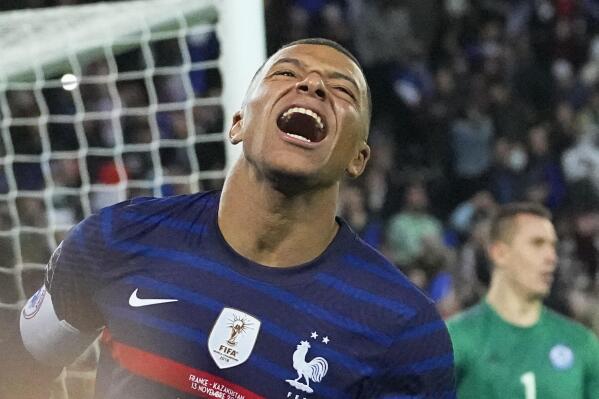 France's Kilian Mbappe reacts during the World Cup 2022 group D qualifying soccer match between France and Kazakhstan at the Parc des Princes stadium in Paris, France, Saturday, Nov. 13, 2021. (AP Photo/Michel Euler)