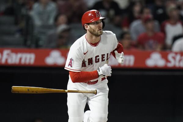 Los Angeles Angels' Taylor Ward watches after hitting a two-run double during the seventh inning of a baseball game against the Chicago White Sox Monday, June 27, 2022, in Anaheim, Calif. (AP Photo/Jae C. Hong)