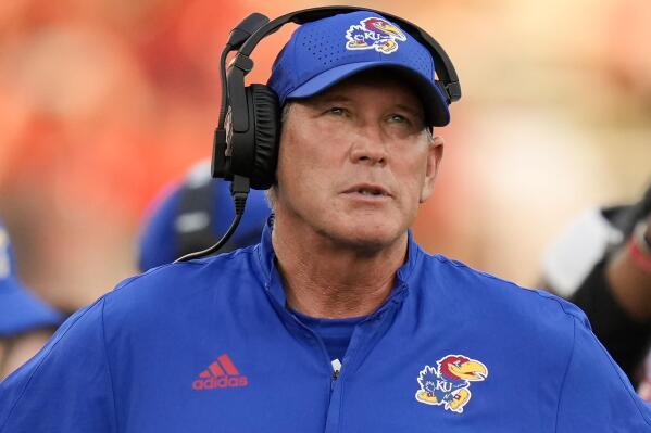 FILE - Kansas head coach Lance Leipold looks on during the second half of an NCAA college football game against Houston, Sept. 17, 2022, in Houston. The Kansas Jayhawks see a very bright future thanks to Leipold's quick turnaround. (AP Photo/Eric Christian Smith, File)