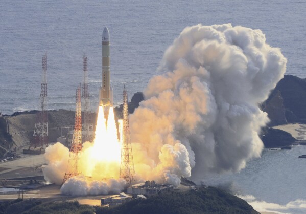 An H3 rocket lifts off at Tanegashima Space Center in Kagoshima, southern Japan Saturday, Feb. 17, 2024. (Kyodo News via AP)