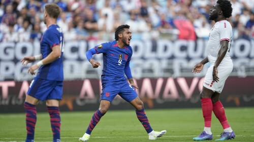 United States forward Jesús Ferreira reacts after missing a shot on goal against Trinidad and Tobago during the first half of a CONCACAF Gold Cup soccer match on Sunday, July 2, 2023, in Charlotte, N.C. (AP Photo/Chris Carlson)