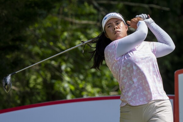 Arpichaya Yubol, of Thailand, tees off on the 18th hole during the first round of the ShopRite LPGA Classic golf tournament, Friday, June 7, 2024, in Galloway, N.J.(AP Photo/Chris Szagola)
