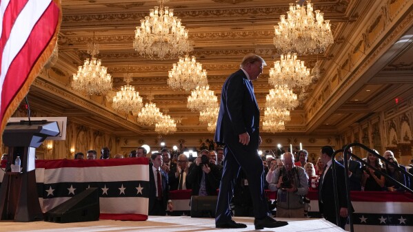 Republican presidential candidate former President Donald Trump departs after speaking at a Super Tuesday election night party Tuesday, March 5, 2024, at Mar-a-Lago in Palm Beach, Fla. (AP Photo/Evan Vucci)