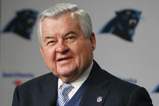 FILE - Carolina Panthers owner Jerry Richardson speaks during a news conference for the NFL football team in Charlotte, N.C., Jan. 15, 2013. Richardson, the Carolina Panthers founder and for years one of the NFL’s most influential owners until a scandal forced him to sell the team, has died. He was 86. Richardson died peacefully Wednesday night, March 1, 2023, at his Charlotte home, the team said in a statement. (AP Photo/Chuck Burton, File)