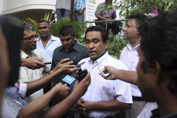 FILE - Abdullah Yameen speaks to the media outside his home in Male, Maldives, July 3, 2010. The highest court in the Maldives on Sunday, Aug. 6, 2023 rejected a plea from the country's jailed former president that he be made eligible to contest next month's presidential election. (AP Photo/Sinan Hussain, file)