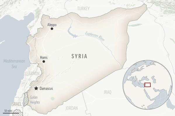 This is a locator map for Syria with its capital, Damascus. (APPhoto)
