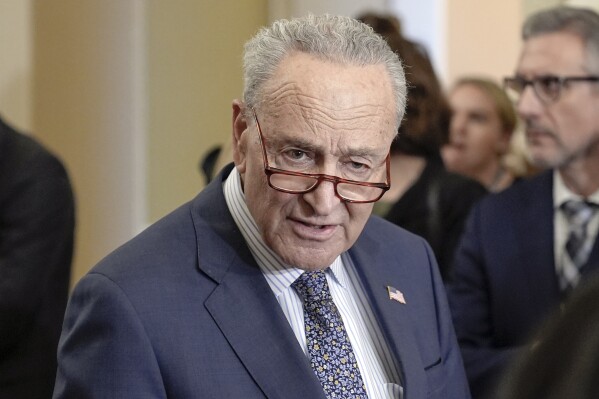 Sen. Majority Leader Chuck Schumer of N.Y., talks after a policy luncheon on Capitol Hill Tuesday, Feb. 27, 2024, in Washington. (AP Photo/Mariam Zuhaib)