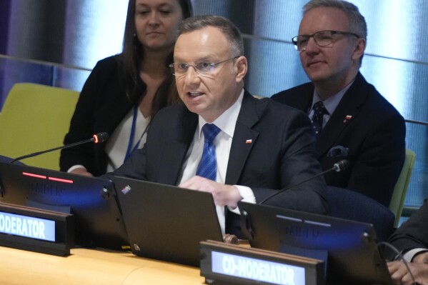 Andrzej Duda, President of Poland, speaks during an event at the SDG Summit at United Nations headquarters, Monday, Sept. 18, 2023. (AP Photo/Seth Wenig)