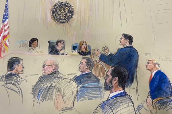 This artist sketch depicts former President Donald Trump, seated right, listening as his attorney D. John Sauer, standing, speaks before the D.C. Circuit Court of Appeals at the federal courthouse, Tuesday, Jan. 9, 2024 in Washington. (Dana Verkouteren via AP)