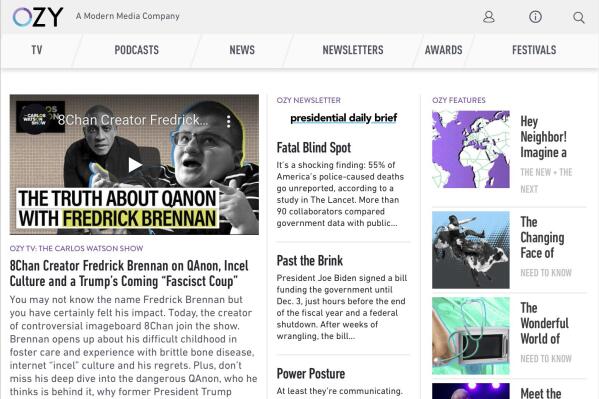 This Monday, Oct. 4, 2021 image shows part of the OZY.com website. On Monday, Carlos Watson, the CEO of Ozy Media, said it had been “premature” to shut down and that he wants to keep operating, despite a scandal-ridden week that exposed Ozy as a media company without much of an audience. (AP Photo)