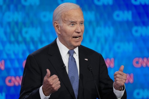 President Joe Biden speaks during a presidential debate with Republican presidential candidate former President Donald Trump, Thursday, June 27, 2024, in Atlanta. (AP Photo/Gerald Herbert)