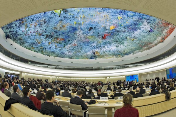FILE - The assembly hall during the opening of the Human Rights Council's Commemorative session marking the 60th anniversary of the adoption of the Universal Declaration of Human Rights, at the European headquarters of the United Nations in Geneva, Switzerland, Dec. 12, 2008. Seventy-five years ago on Sunday Dec. 10, 2023, the U.N. General Assembly approved the Universal Declaration of Human Rights at a meeting in Paris. It laid one of the foundation stones of the international order that emerged following the horrors of World War II. (Salvatore Di Nolfi/Keystone via AP, File)