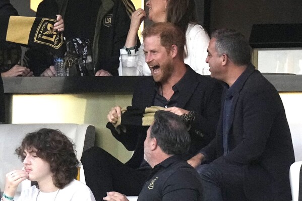 Harry, Duke of Sussex, watches during the first half of a Major League Soccer match between Los Angeles FC and Inter Miami Sunday, Sept. 3, 2023, in Los Angeles. (AP Photo/Mark J. Terrill)