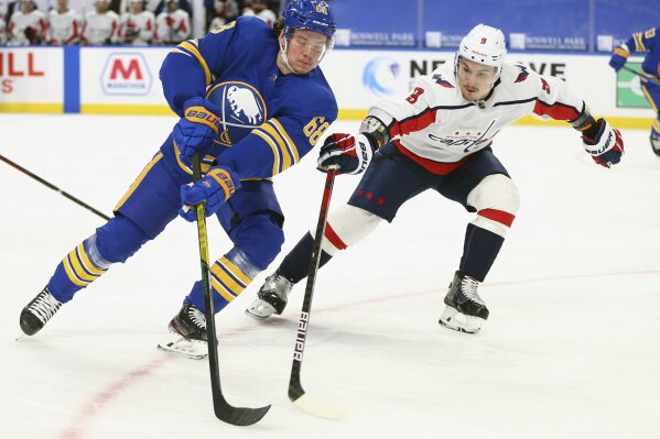 Buffalo Sabres forward Victor Olofsson (68) carries the puck past Washington Capitals defenseman Dmitry Orlov (9) during the first period of an NHL hockey game, Friday, April 9, 2021, in Buffalo, N.Y. (AP Photo/Jeffrey T. Barnes)