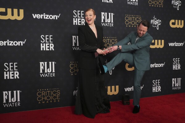 Sarah Snook, left, and Kieran Culkin pose in the press room with the awards for best actress and actor in a drama series for 