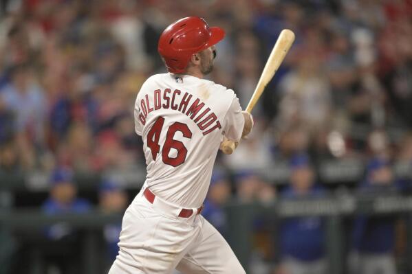 St. Louis Cardinals' Paul Goldschmidt hits a winning walkoff home run during the 10th inning of a baseball game against the Toronto Blue Jays, Monday, May 23, 2022, in St. Louis. (AP Photo/Arnold J. Ward)