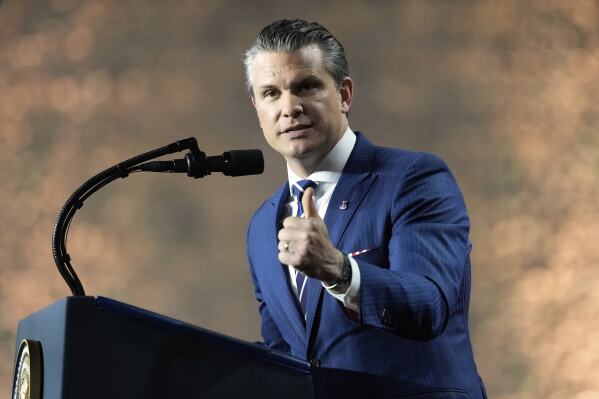 U.S. Secretary of Defense Pete Hegseth speaks at the Al Udeid Air Base, Thursday, May 15, 2025, in Doha, Qatar. (AP Photo/Alex Brandon)