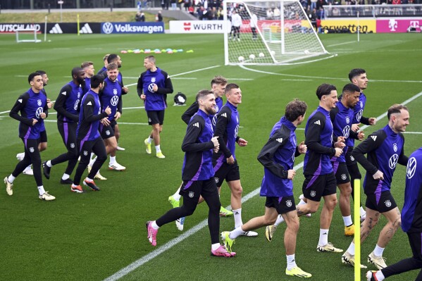 Germany players attend a team training session at DFB Campus in Frankfurt, Germany, Tuesday, March 19, 2024. Germany plays France in Lyon on Saturday in a friendly match. (Arne Dedert/dpa via AP)