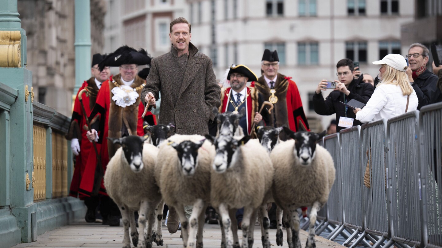 Damian Lewis herds sheep over a London bridge in homage to a medieval tradition