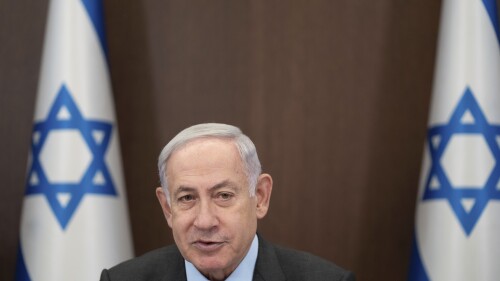 Israeli Prime Minister Benjamin Netanyahu chairs a cabinet meeting at the prime minister's office in Jerusalem, Monday, July 17, 2023. (AP Photo/Ohad Zwigenberg, Pool)