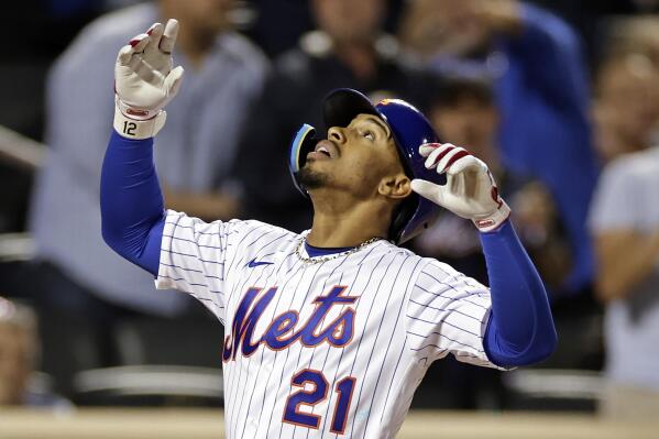 Francisco Lindor of the New York Mets celebrates after he drove in