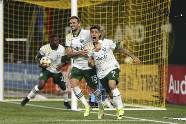 Portland Timbers forward Felipe Mora celebrates his second-half goal against the Colorado Rapids during an MLS soccer match Wednesday, Sept. 15, 2021, in Portland, Ore. (Sean Meagher/The Oregonian via AP)