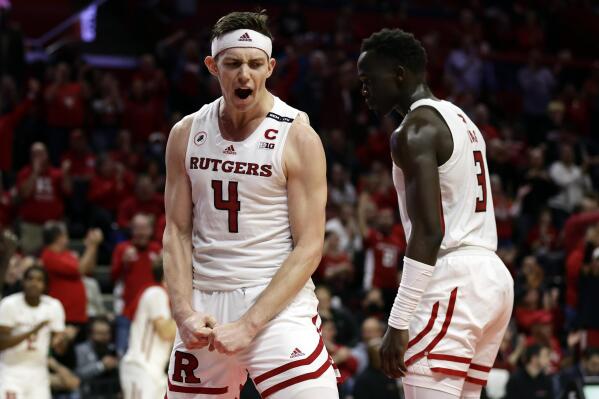 Rutgers guard Paul Mulcahy reacts after making a basket against Maryland during the second half of an NCAA college basketball game Thursday, Jan. 5, 2023, in Piscataway, N.J. Rutgers won 64-50. (AP Photo/Adam Hunger)